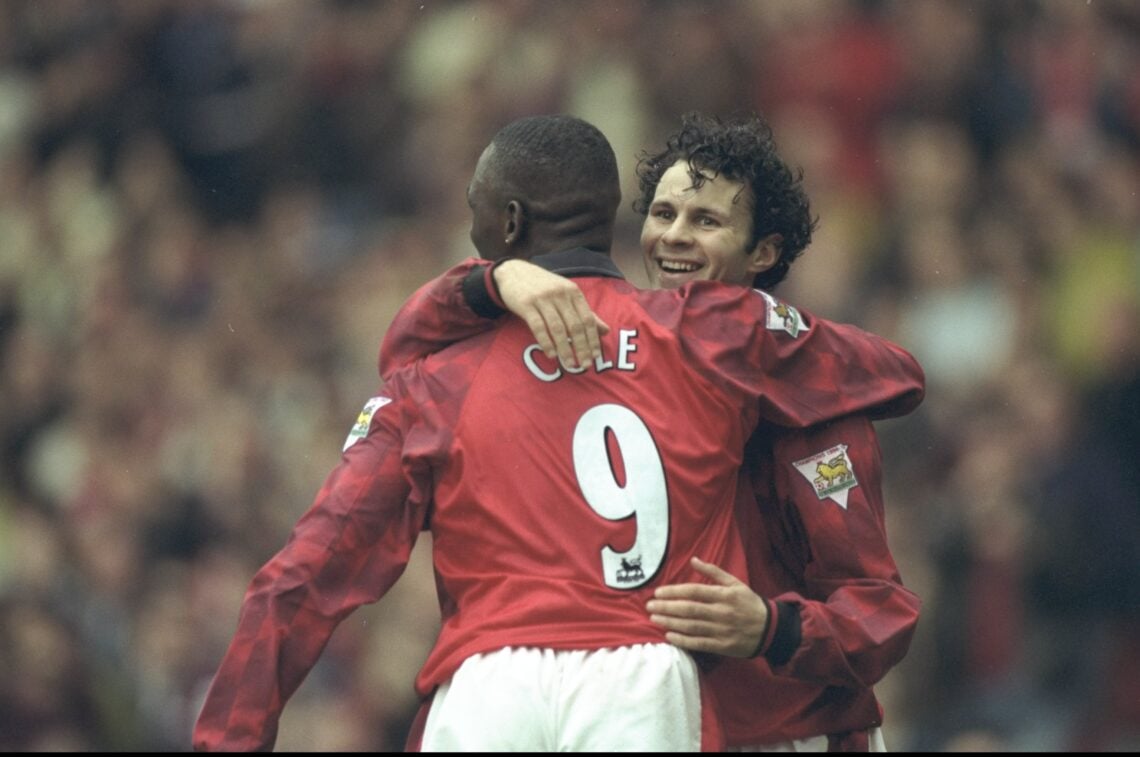 25 Oct 1997:  Ryan Giggs (right) and Andy Cole, both of Manchester United, celebrate a goal during the FA Carling Premiership match against Barnsle...