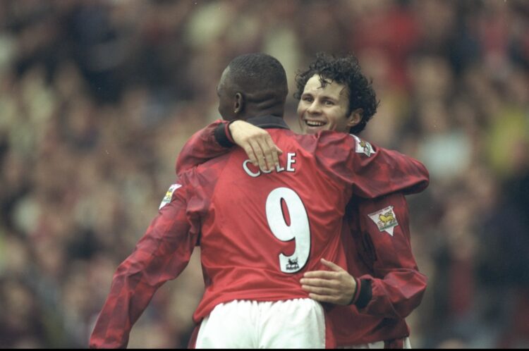 25 Oct 1997:  Ryan Giggs (right) and Andy Cole, both of Manchester United, celebrate a goal during the FA Carling Premiership match against Barnsle...