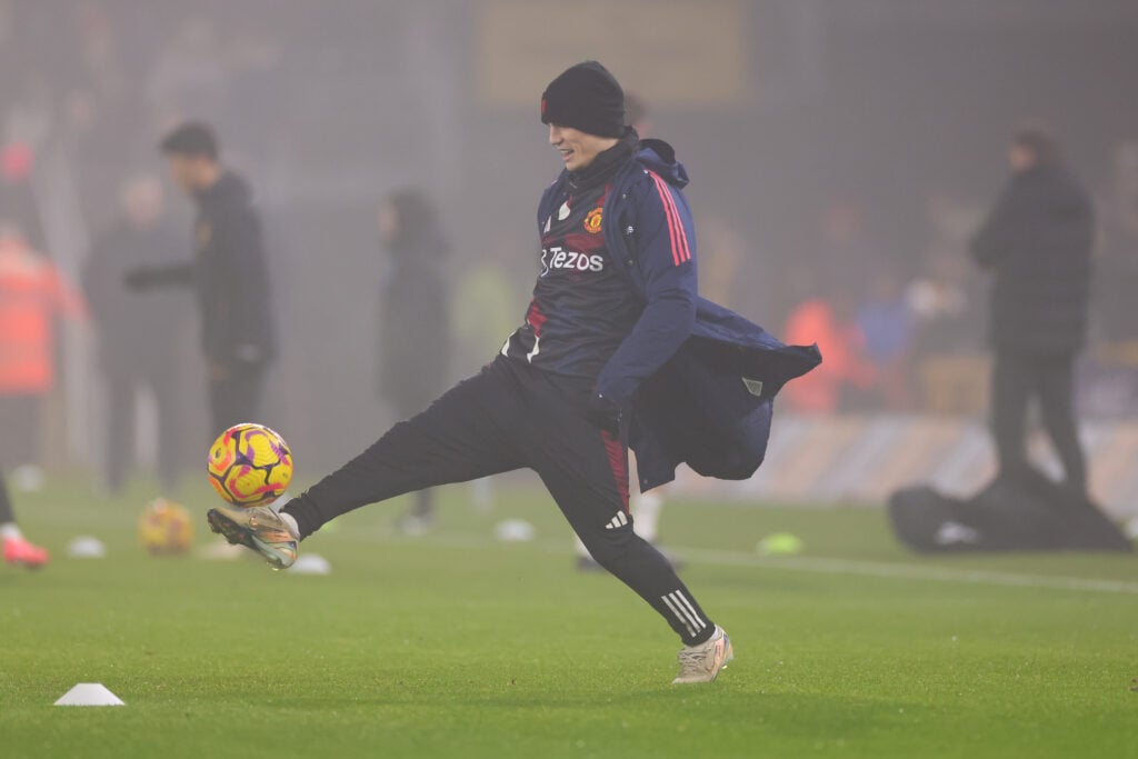 Substitute Alejandro Garnacho of Manchester United during the warm up prior to the Premier League match between Wolverhampton Wanderers FC and Manchester United FC at Molineux on December 26, 2024