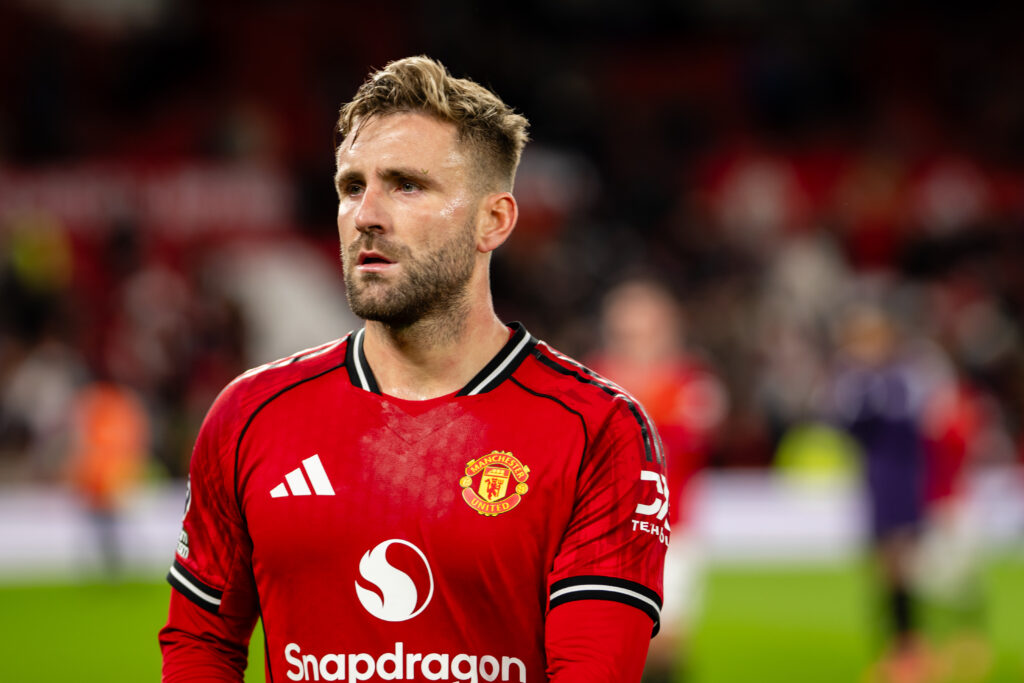 Luke Shaw looks on following the Premier League match between Manchester United and Everton at Old Trafford in 2025 in Manchester, England.