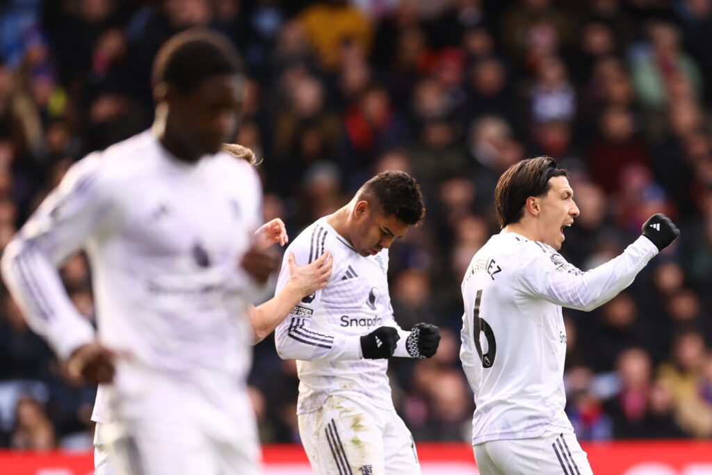 Lisandro Martinez of Manchester United celebrates victory during the Premier League match between Crystal Palace and Manchester United at Selhurst Park on November 30, 2025