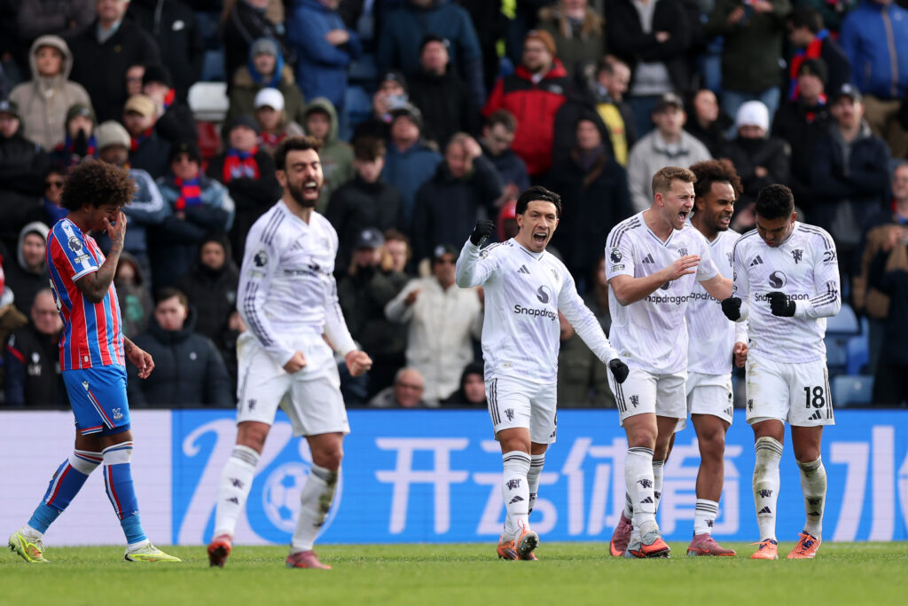 Lisandro Martinez of Manchester United celebrates after the team's victory in the Premier League match between Crystal Palace and Manchester United at Selhurst Park on November 30, 2025