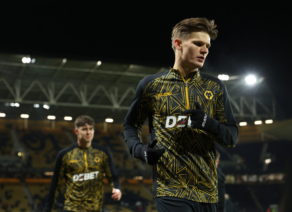 David Moller Wolfe of Wolverhampton Wanderers warms up prior to the Premier League match between Wolverhampton Wanderers and Nottingham Forest at Molineux on December 03, 2025