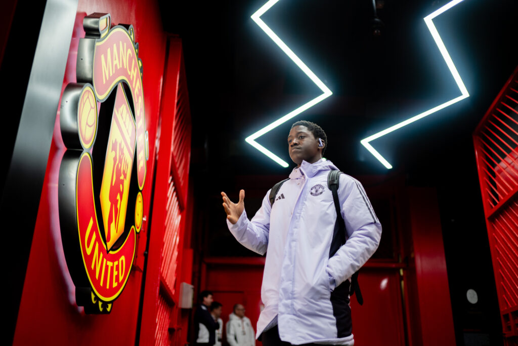 Manchester United midfielder Kobbie Mainoo arriving at Old Trafford.