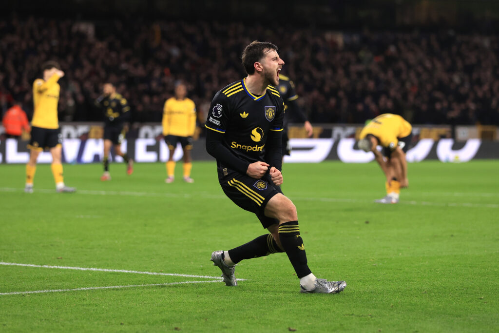 Mason Mount celebrates during the Premier League match between Wolves and Manchester United at Molineux in 2025 in Wolverhampton, England.