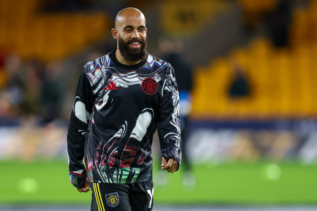 Bryan Mbeumo warming up against Wolves