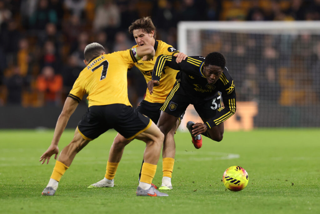 Kobbie Mainoo getting fouled against Wolves