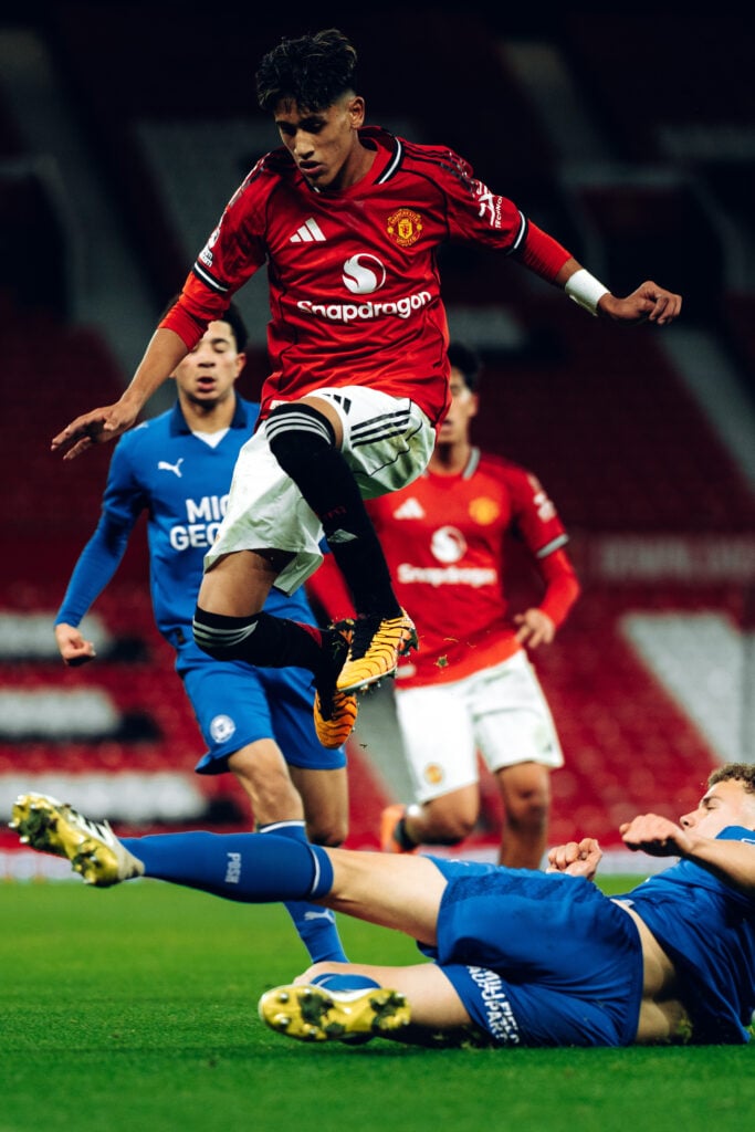 JJ Gabriel hurles a tackle at Old Trafford