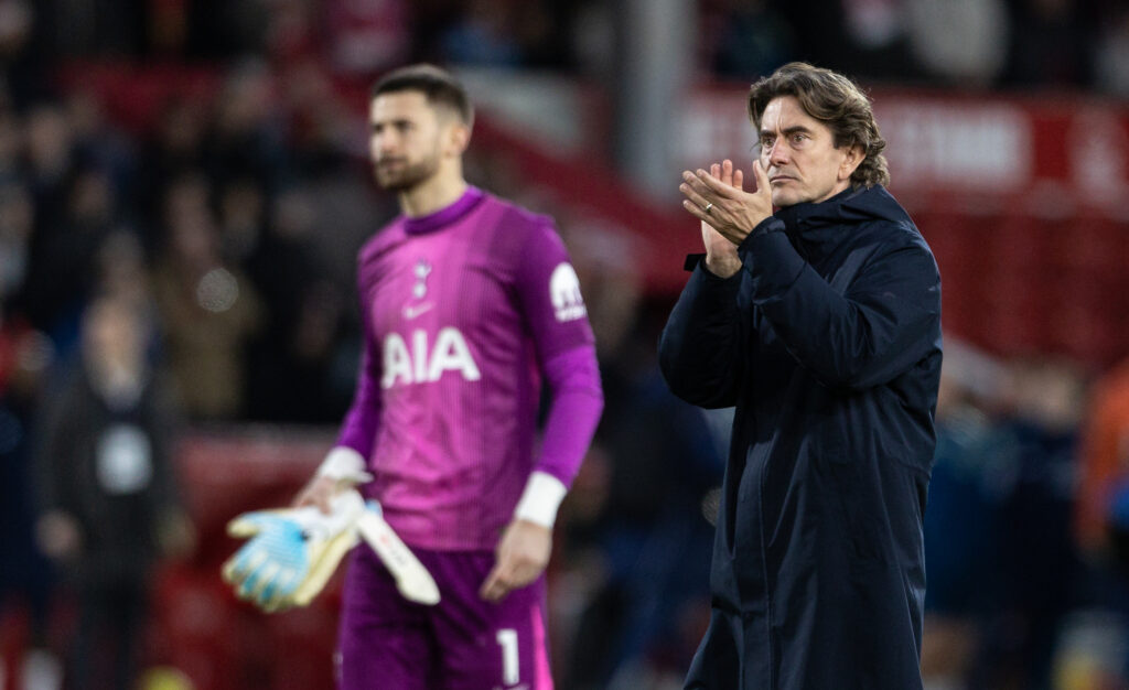 Thomas Frank claps off fans, Tottenham goalkeeper background