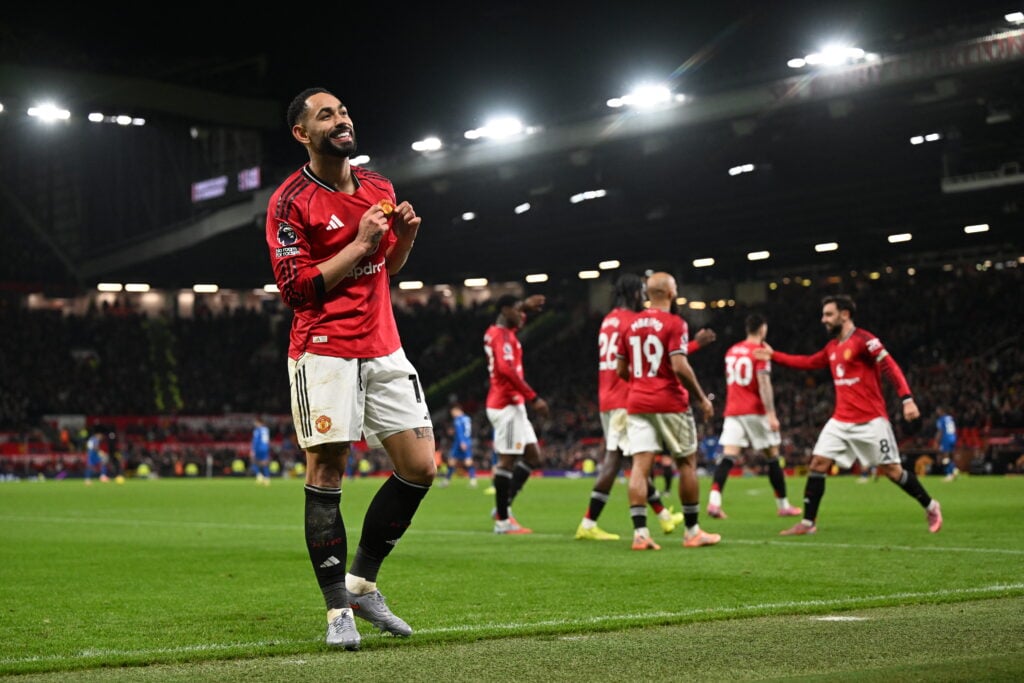 Matheus Cunha celebrates for Manchester United.