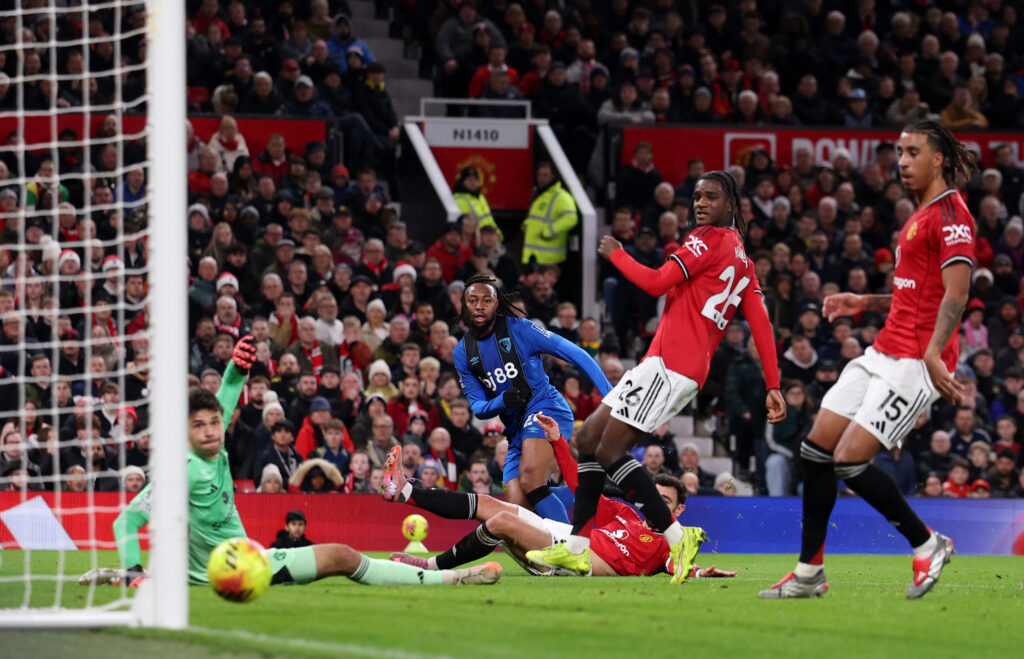 Antoine Semenyo scoring a goal against Manchester United