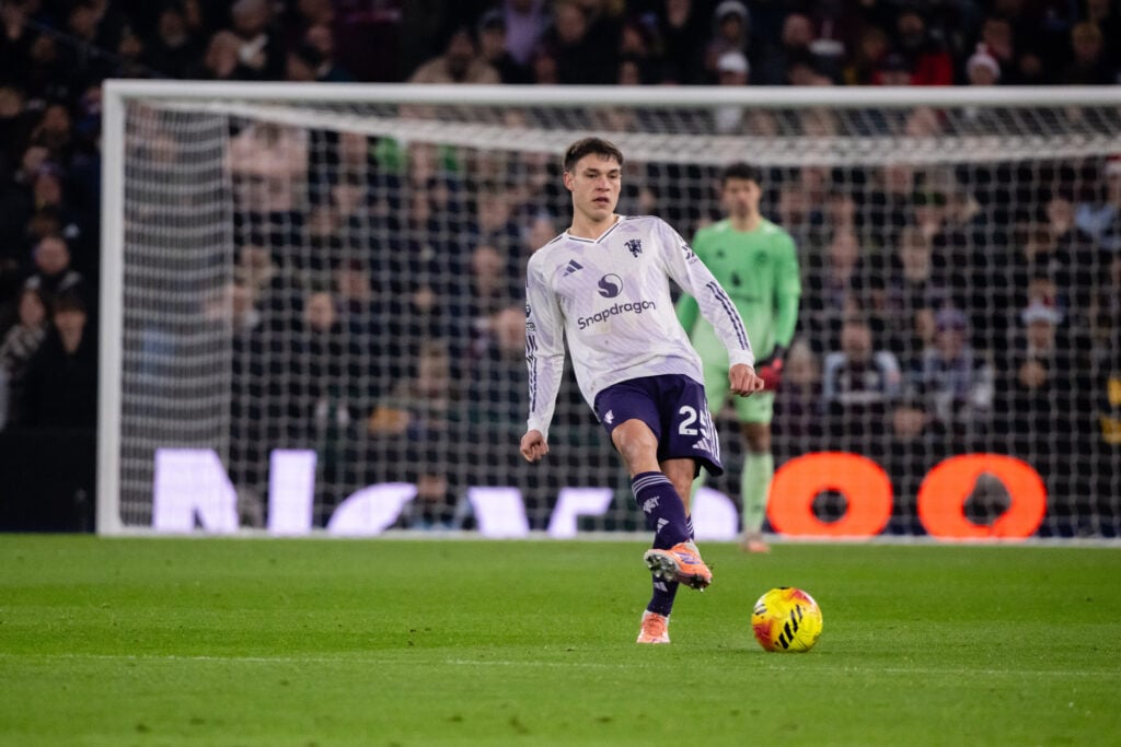 Manuel Ugarte passes the ball, during Aston Villa v Manchester United - Premier League