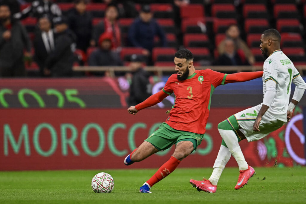 Noussair Mazraoui crossing for Morocco.