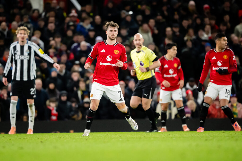 Mason Mount in action during the Premier League match between Manchester United and Newcastle United at Old Trafford in 2025 in Manchester, England.