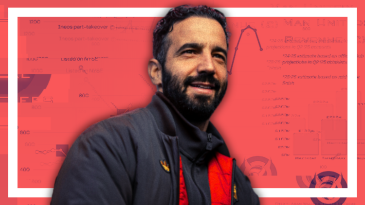 Abstract cover art featuring Ruben Amorim and abstract Manchester United financial imagery