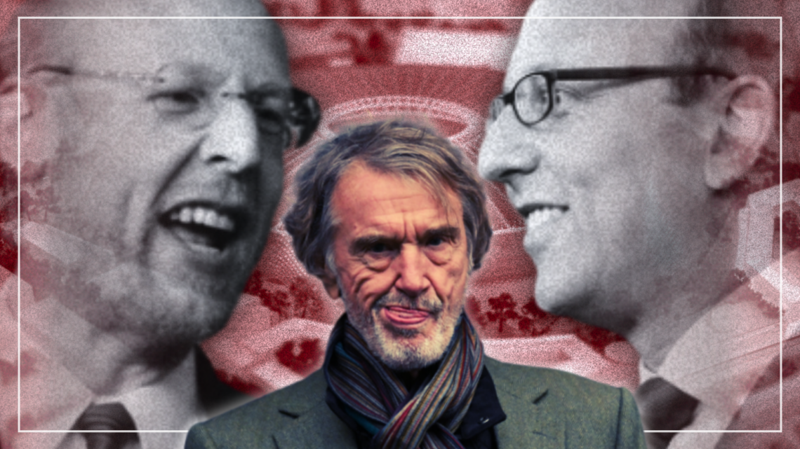 Abstract cover art featuring Manchester United's proposed new stadium Sir Jim Ratcliffe, Joel Glazer and Avram Glazer