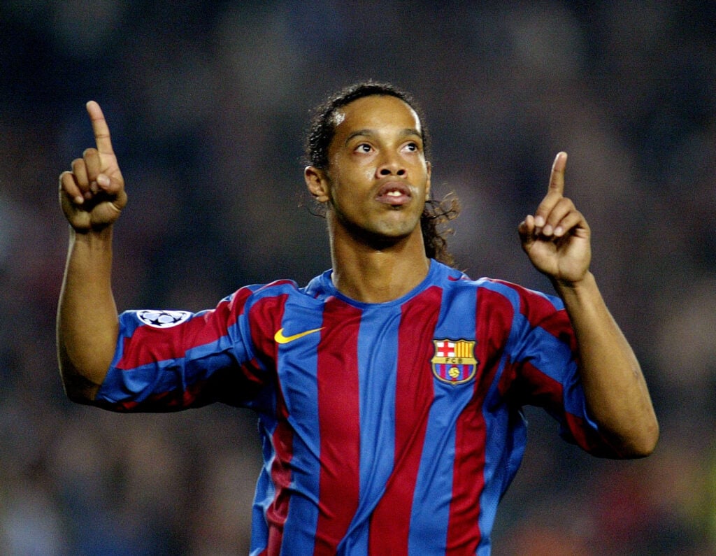 Ronaldinho celebrates for Barcelona