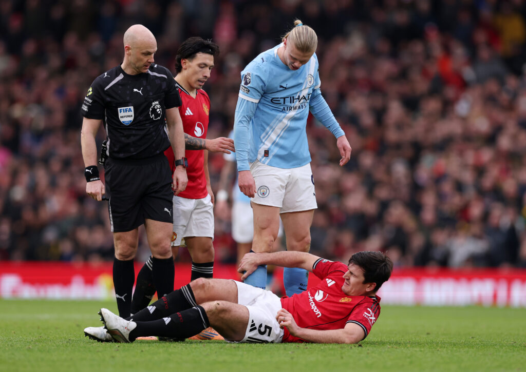 Erling Haaland of Manchester City looks at Harry Maguire of Manchester United during the Premier League match between Manchester United and Manchester City at Old Trafford on January 17, 2026