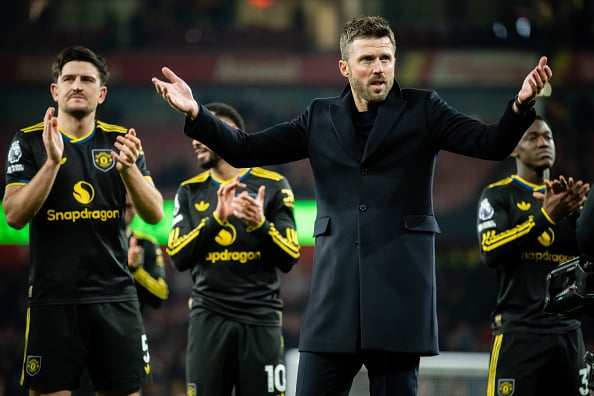Manchester United head coach Michael Carrick reacts at the end of the Premier League match between Arsenal and Manchester United at the Emirates Stadium in 2026 in London, England.