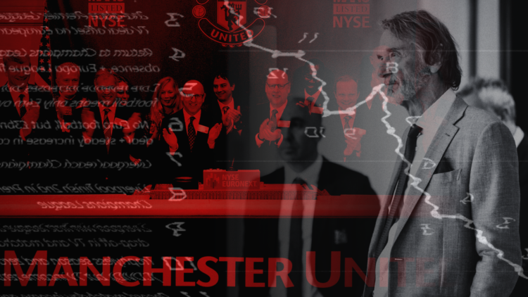 Abstract cover art featuring Sir Jim Ratcliffe and Manchester United's listing on the New York Stock Exchange