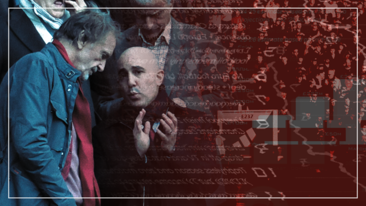 Abstract cover art featuring Sir Jim Ratcliffe, Omar Berrada and Manchester United financial imagery
