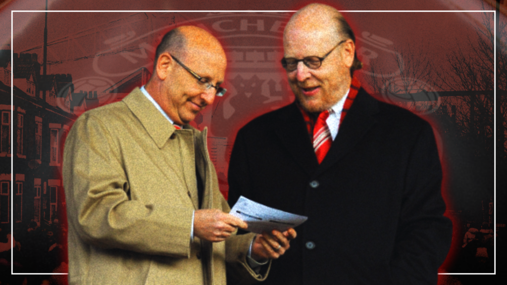 Composite image blending an Avram Glazer and Joel Glazer with abstract Manchester United and financial imagery