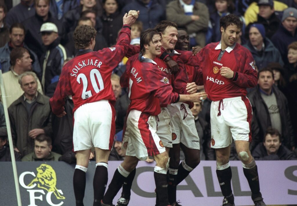 Ole Gunnar Solksjaer, David Beckham, Teddy Sheringham, Andy Cole and Ronny Jonhsen