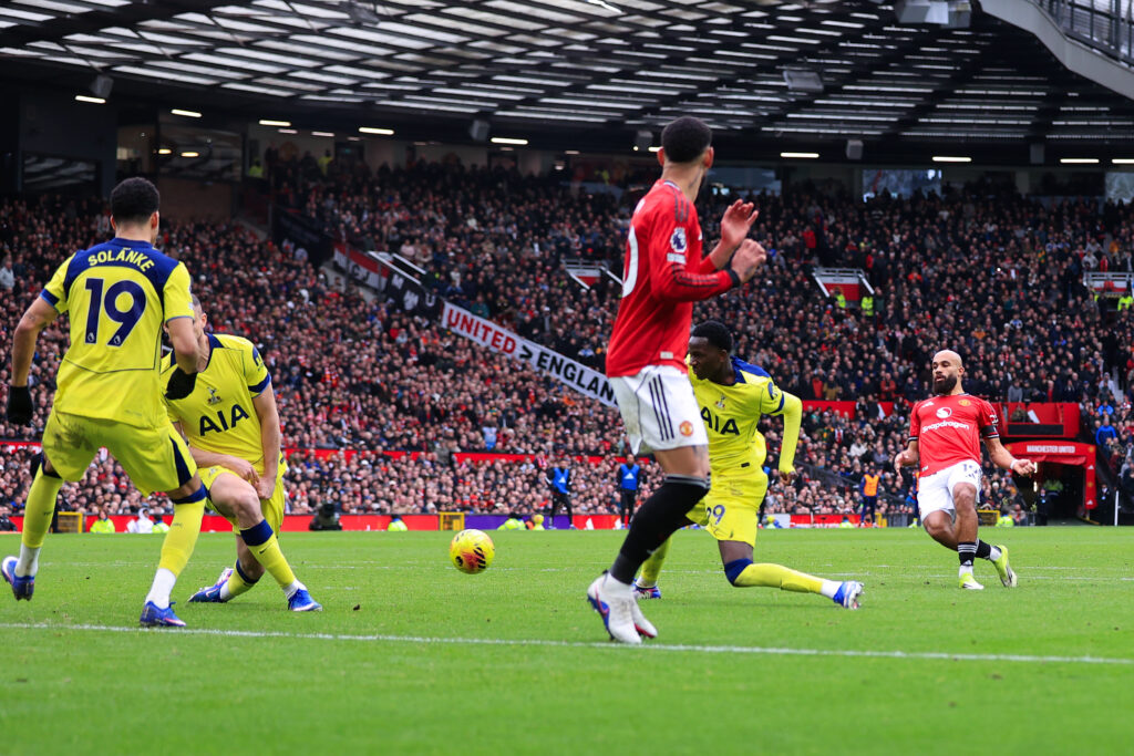 Bryan Mbeumo of Manchester United scores their 1st goal during the Premier League match between Manchester United and Tottenham Hotspur at Old Trafford on February 7, 2026