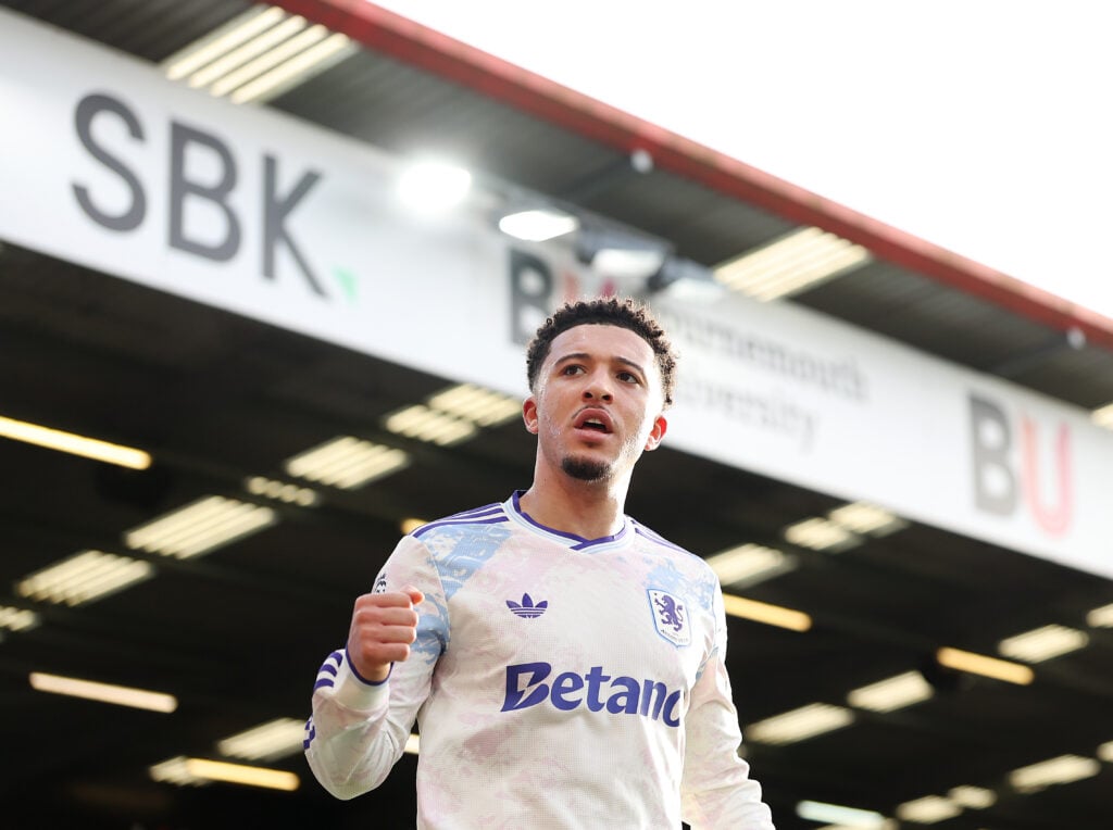 Jadon Sancho of Aston Villa reacts during the Premier League match between Bournemouth and Aston Villa at Vitality Stadium on February 07, 2026 in Bournemouth, England.