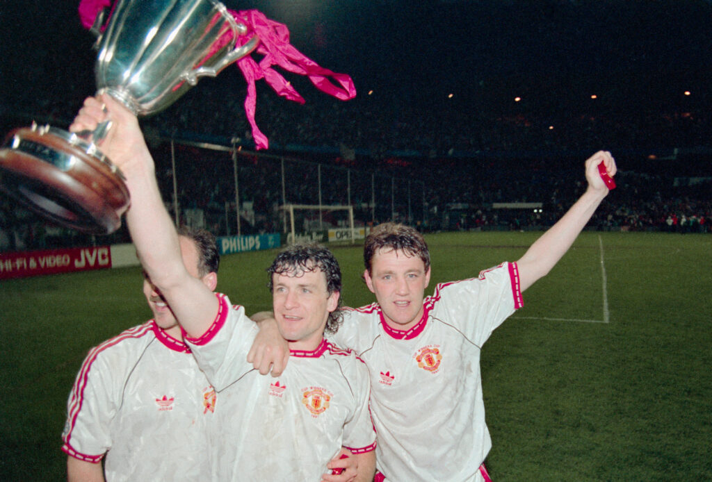 1991 European Cup Winners Cup Final Manchester United v Barcelona, Mark Hughes and Steve Bruce celebrate