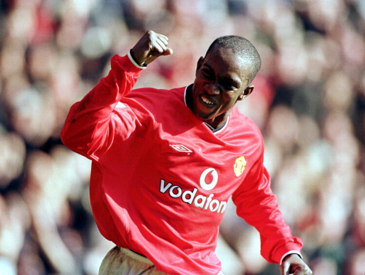 25 Feb 2001: Dwight Yorke of Man Utd celebrates after scoring his second goal during the FA Carling Premiership match between Manchester United and...