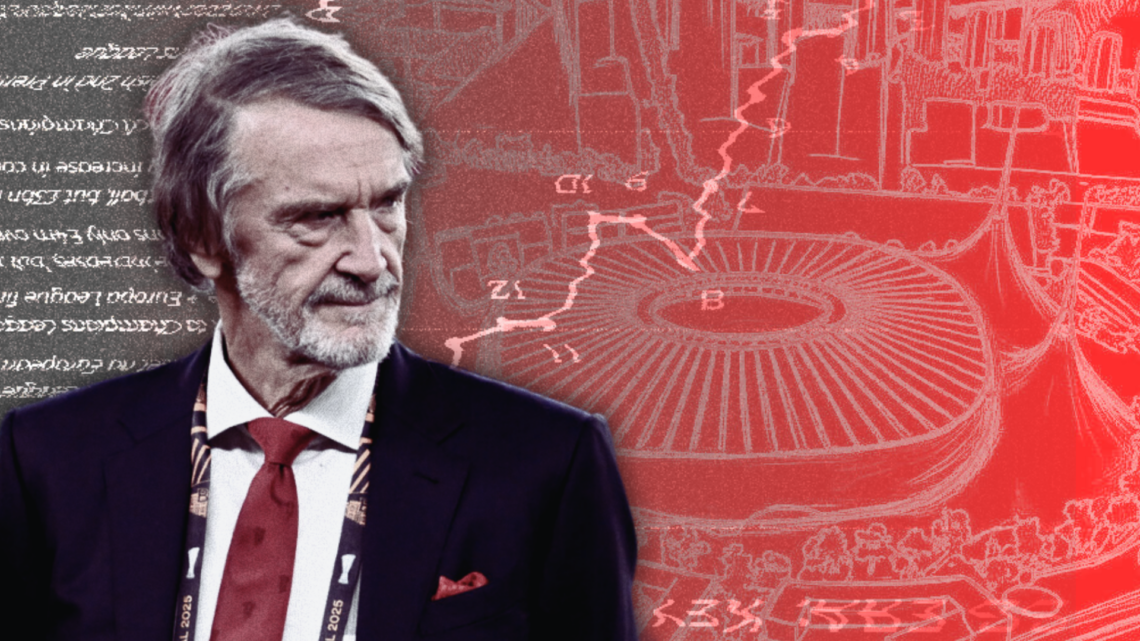 Abstract cover art featuring Sir Jim Ratcliffe superimposed over Manchester United's blueprints for new 100,000-seater stadium