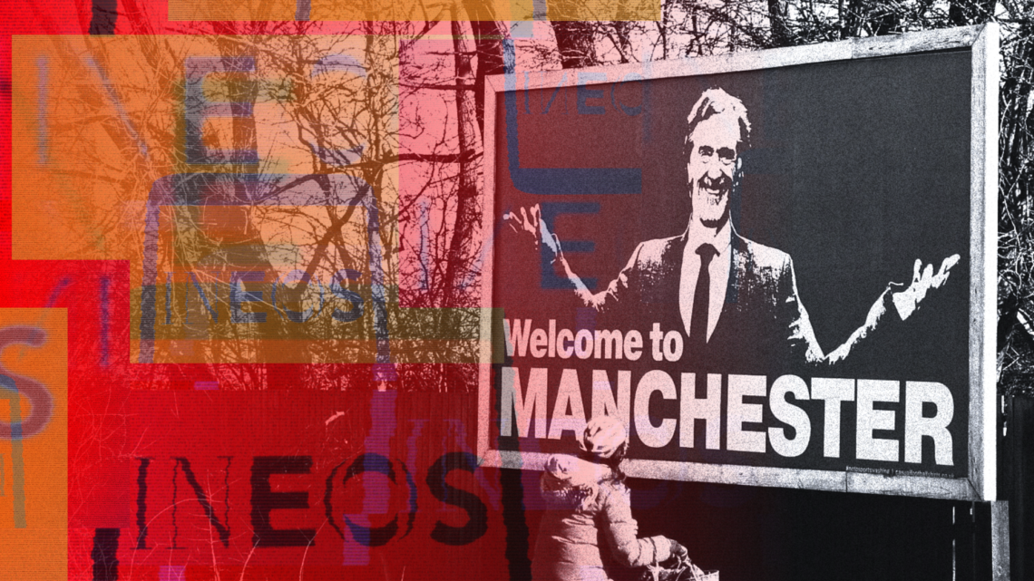 Abstract imagery featuring the Ineos logo Sir Jim Ratcliffe's 'welcome to Manchester billboard'