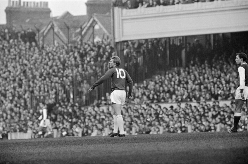 Arsenal v Manchester United league match at Highbury 28th November 1964. Denis Law pictured Final score: Arsenal 2-3 Manchester United