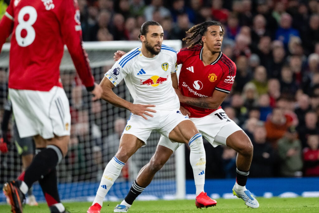 Dominic Calvert-Lewin and Leny Yoro contest for the ball
