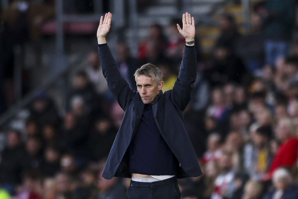 Kieran McKenna makes a gesture on the touchline as Ipswich Town boss