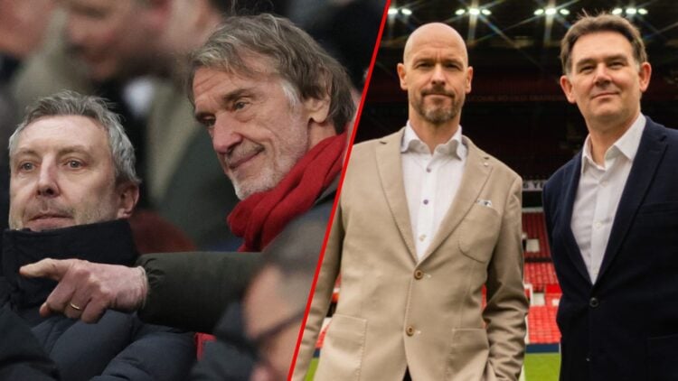 Jason Wilcox and Sir Jim Ratcliffe during the Premier League match between Newcastle United and Manchester United in 2026, inset Erik ten Hag with ...