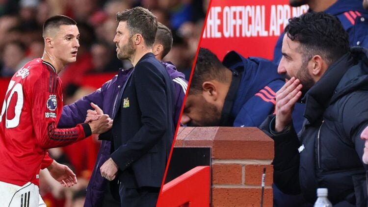 Benjamin Sesko and Michael Carrick during the Premier League match between Manchester United and Brentford at Old Trafford in 2026, inset Ruben Amo...