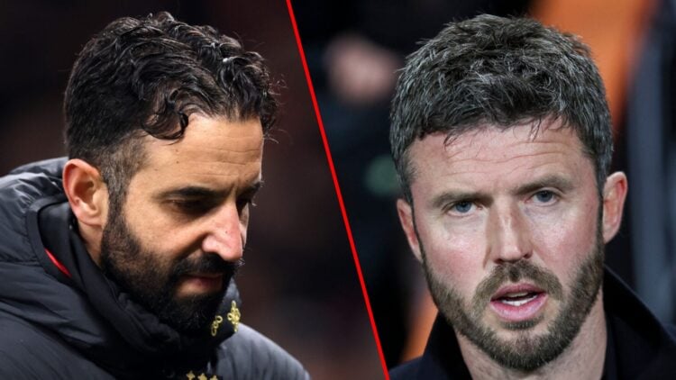 Ruben Amorim during the Premier League match between Manchester United and Wolverhampton Wanderers at Old Trafford in 2025, inset Michael Carrick d...
