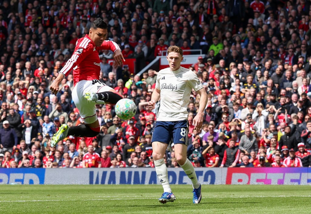 Casemiro and Elliot Anderson during the Premier League match between Manchester United and Nottingham Forest at Old Trafford on May 17, 2026, in Manchester, United Kingdom.