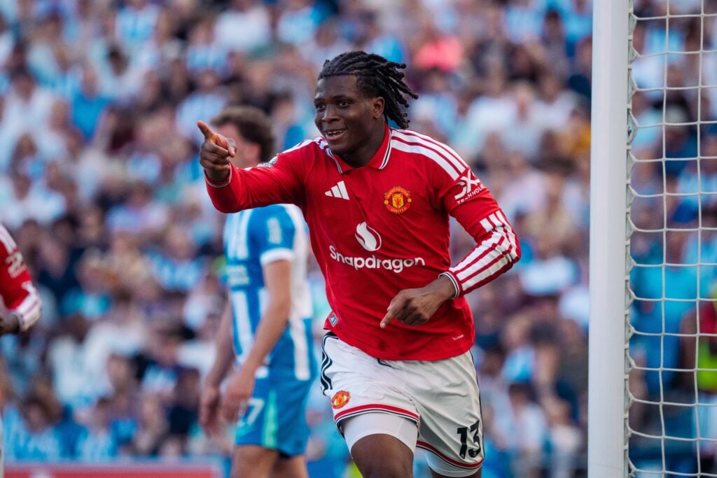 Patrick Dorgu celebrates goal against Brighton