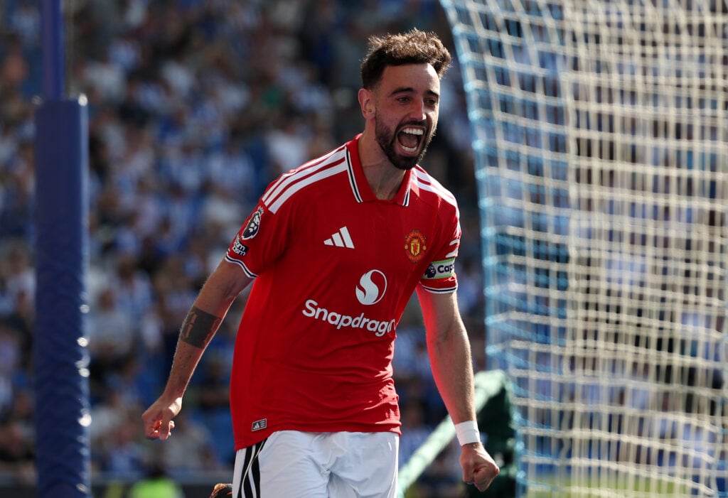 Bruno Fernandes celebrates during the Premier League match between Brighton and Hove Albion and Manchester United at the Amex Stadium on May 24, 2026, in Brighton, England.