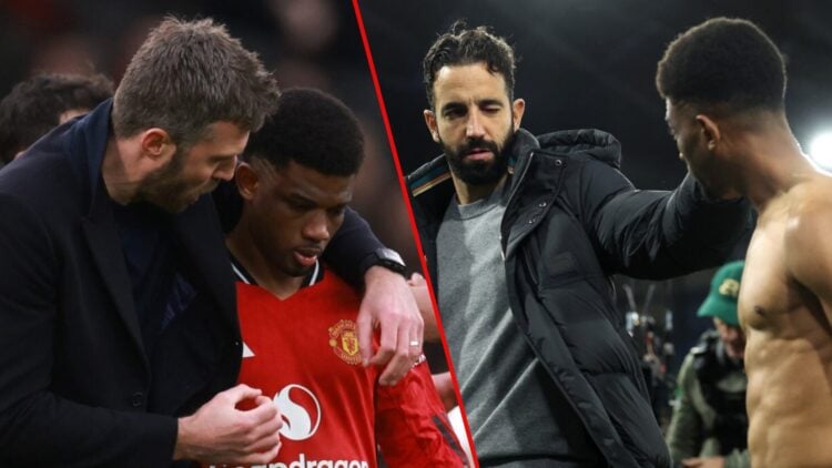 Ruben Amorim and Amad Diallo after the Premier League match between Ipswich Town and Manchester United at Portman Road, inset Amad with Michael Car...