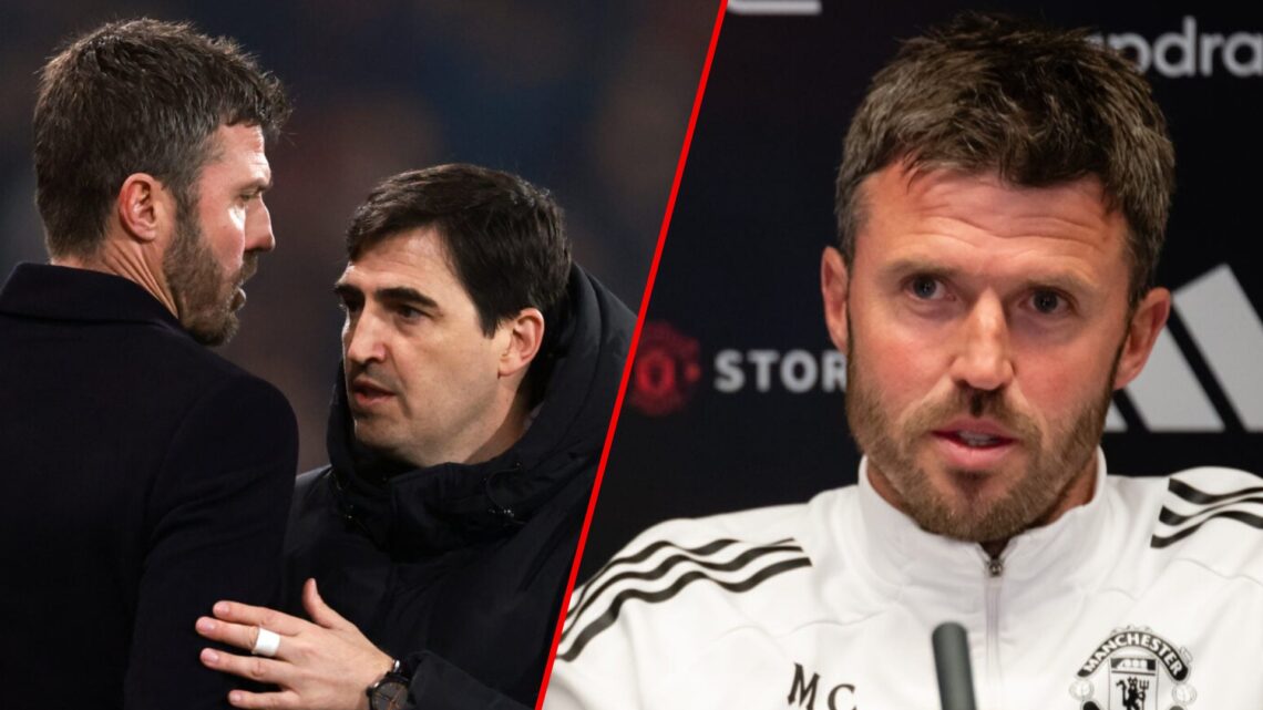 Andoni Iraola with Michael Carrick after the Premier League match between Bournemouth and Manchester United at the Vitality Stadium, inset the Red ...