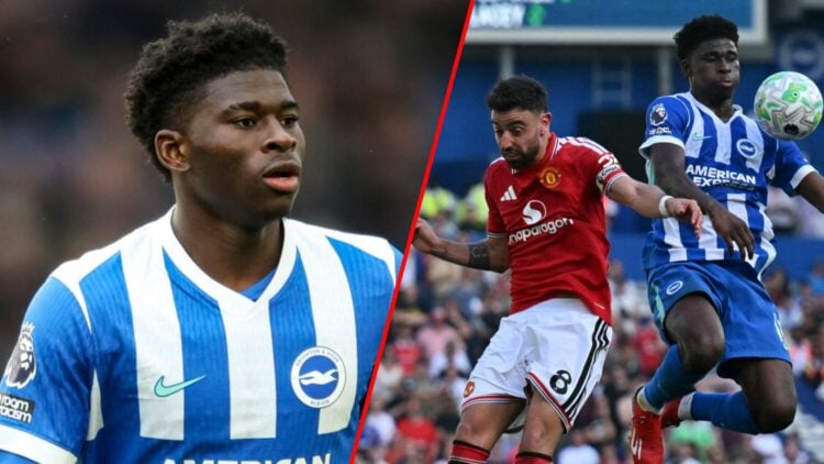 Bruno Fernandes vies with Carlos Baleba during the Premier League match between Brighton and Hove Albion and Manchester United at the Amex, inset C...