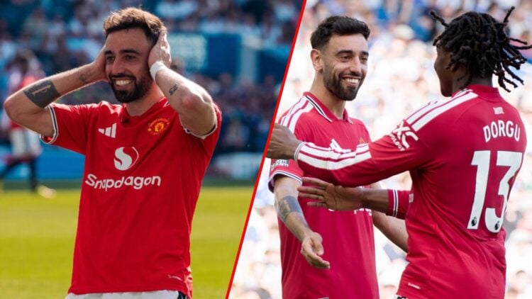 Bruno Fernandes during the Premier League match between Brighton and Hove Albion and Manchester United at the Amex Stadium, inset the Portugal midf...