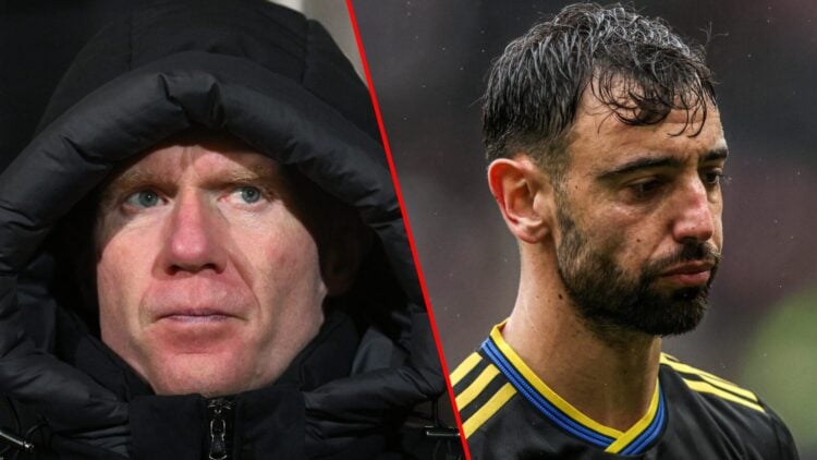 Bruno Fernandes during the Premier League match between Sunderland and Manchester United at the Stadium of Light, inset Paul Scholes.