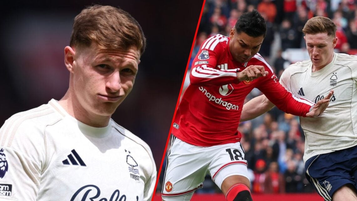 Casemiro holds off a challenge Elliot Anderson during the Premier League match between Manchester United and Nottingham Forest at Old Trafford, ins...