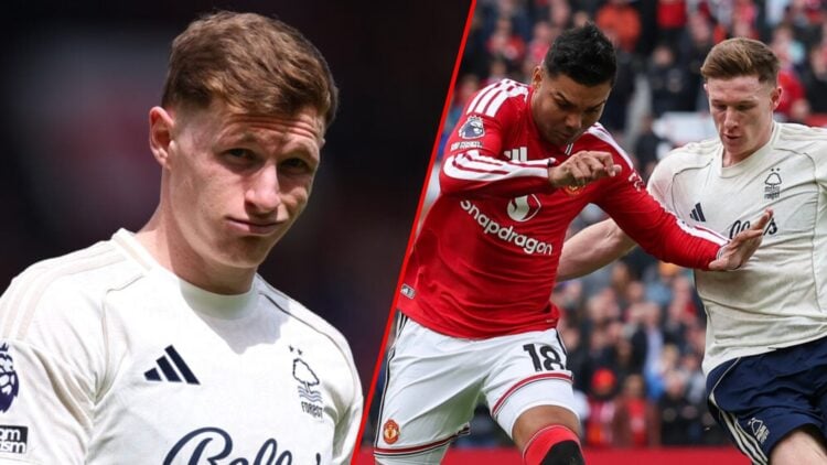 Casemiro holds off a challenge Elliot Anderson during the Premier League match between Manchester United and Nottingham Forest at Old Trafford, ins...