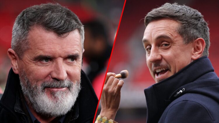 Gary Neville ahead of the Premier League match between Manchester United and Liverpool at Old Trafford, inset Sky Sports pundit Roy Keane.